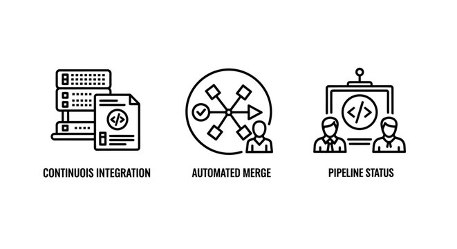 Continuous integration and automated software pipeline development icon set with software development integration pipeline automation programming engineering deployment management workflow