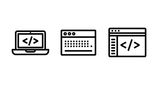 Set of line icons representing software development processes laptop with code tags document editing programming interface elements in minimalist style development programming software interface