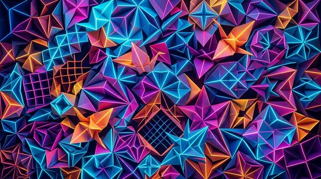 Abstract geometric origami shapes with neon glowing edges in vibrant purple, blue, and orange colors