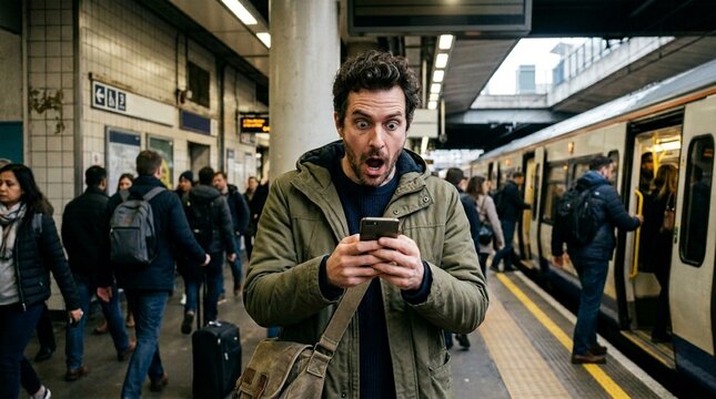 Man with open mouth looks at phone in surprise on crowded train platform