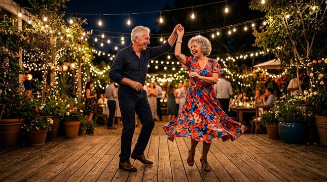 Happy senior couple dancing at night outdoors with string lights and plants