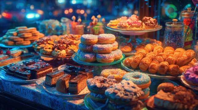 Abundant assortment of freshly baked goods displayed under dim, colorful lighting
