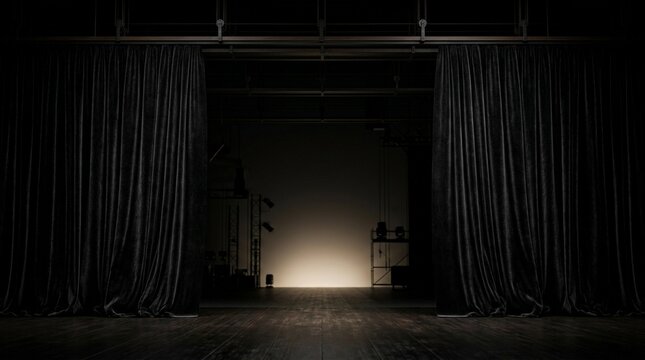 Open black stage curtains revealing a spotlight on a bare theater stage, ready for performance