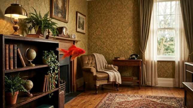 A surreal scene of a goldfish swimming in a vintage living room, surrounded by antique furniture and decor