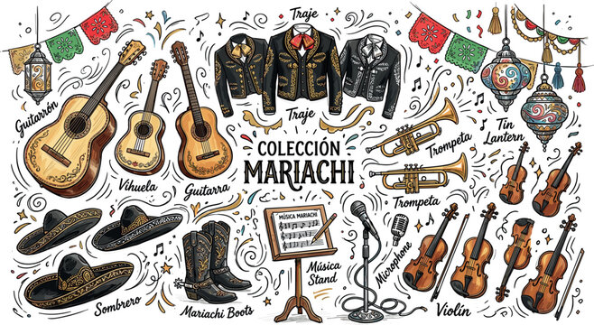Traditional Mexican Mariachi Band Elements Collection with Hand Drawn Guitars, Sombreros, Trumpets, Violins, Charro Suits, and Fiesta Garlands Vector Illustration