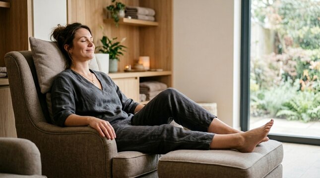 Woman relaxing in a comfortable armchair with eyes closed, enjoying peace and tranquility in a spa-like setting