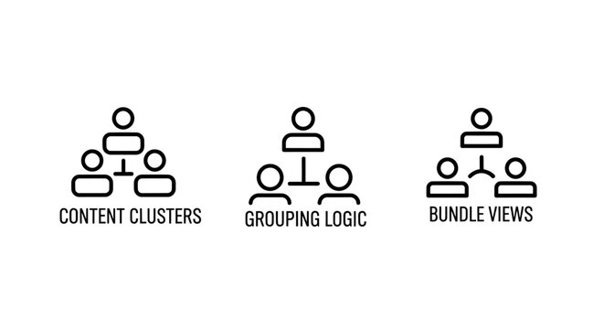Organizational structure icons representing content clusters grouping logic and bundle views with clusters grouping organization structure management hierarchy categorization information