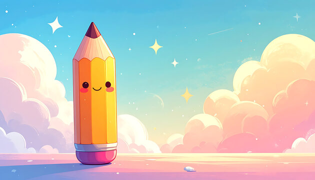 Pixel art yellow pencil character with cute face and smiling expression, standing on pastel colored ground with fluffy clouds and stars