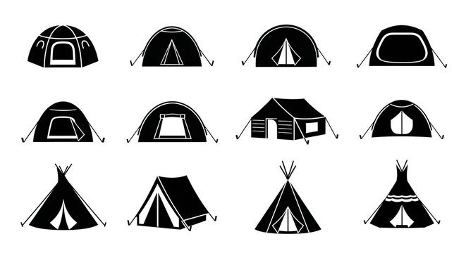 Camping Tent Silhouettes Collection - Dome, Cabin, and Teepee Flat Icons