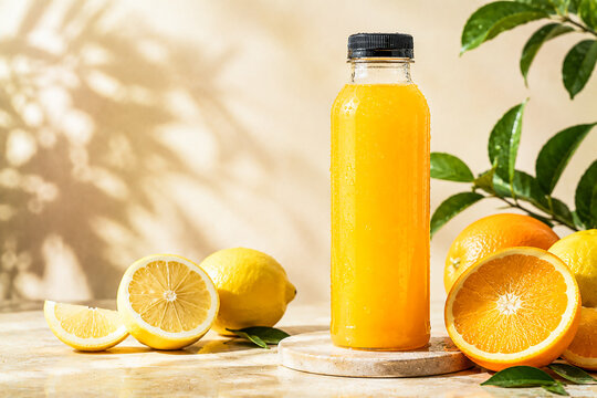 Fresh Orange Juice Bottle with Citrus Fruits and Natural Sunlight