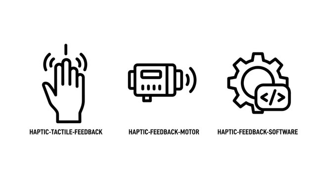 Haptic feedback technology and software development icons with feedback hardware software development interface technology vibration programming infrastructure business analysis monitoring