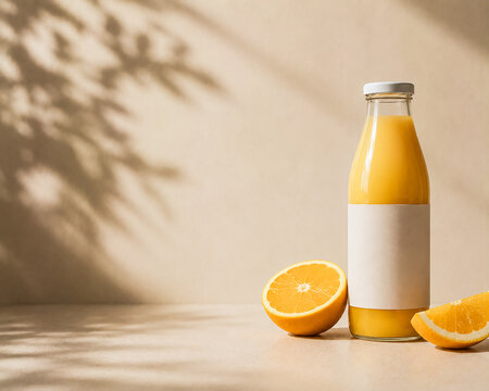 Fresh Orange Juice Bottle with Citrus Slices and Natural Sunlight