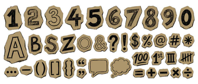 Alphabet Number Symbol Scrapbook Sticker Vector Set Hand Drawn Kraft Paper Typography Collection for Journal and Lettering Design
