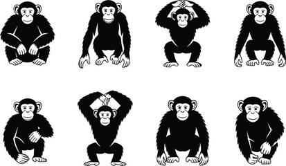 Set of black and white chimpanzee monkey characters in different poses and expressions © Milon Store