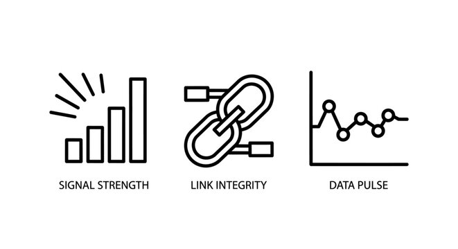 Network and data connectivity icon set featuring signal strength link integrity and data pulse connectivity integrity communication wireless technology interface information monitoring