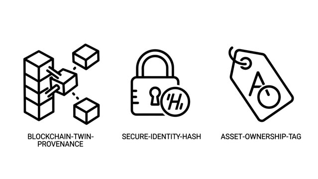 Data security and blockchain asset provenance icon set with blockchain security provenance ownership identity cryptography distributed encryption protection technology information database