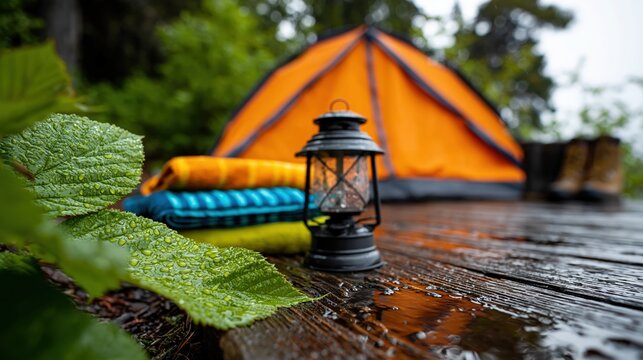 Organized summer campsite with empty tent and gear after rain