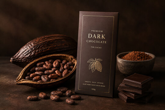 Luxury Dark Chocolate Packaging with Cocoa Beans and Rich Brown Background