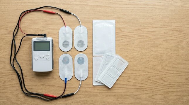 TENS unit for pain relief with electrode pads and wires on a wooden background