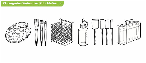 Obraz premium Art supplies vector outline icons featuring artist paint palette, paintbrushes, drying rack, glue bottle, foam sponge brushes, and organizer storage box for school classroom craft projects.