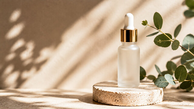 Minimal Cosmetic Serum Bottle with Eucalyptus Leaves and Warm Light