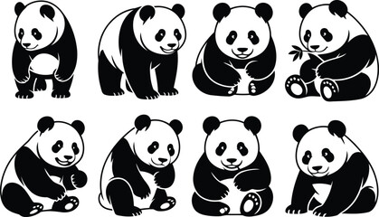 Set of cute panda bear illustrations in different poses and actions © Milon Store