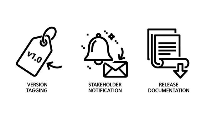 Software version control and stakeholder notification icons with notification stakeholder documentation software business communication document management development deployment graphics