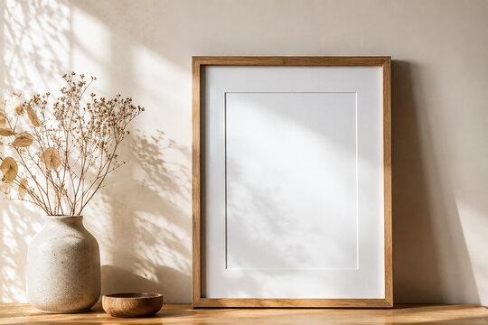Minimal Wooden Photo Frame Mockup with Vase and Soft Shadows
