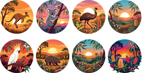 Australian Wildlife Circular Landscape Sticker Vector Set with Kangaroo Koala Emu Wombat Cockatoo and Native Wildflowers for Outback Tourism Label Designs © Md