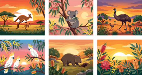 Australian Wildlife Landscape Vector Illustration Set with Kangaroo Koala Emu Wombat Cockatoo and Native Flowers for Outback Travel Banner Designs © Md