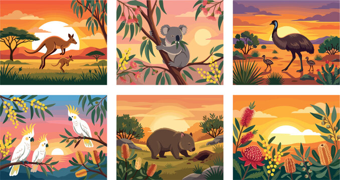 Australian Wildlife Landscape Vector Illustration Set with Kangaroo Koala Emu Wombat Cockatoo and Native Flowers for Outback Travel Banner Designs