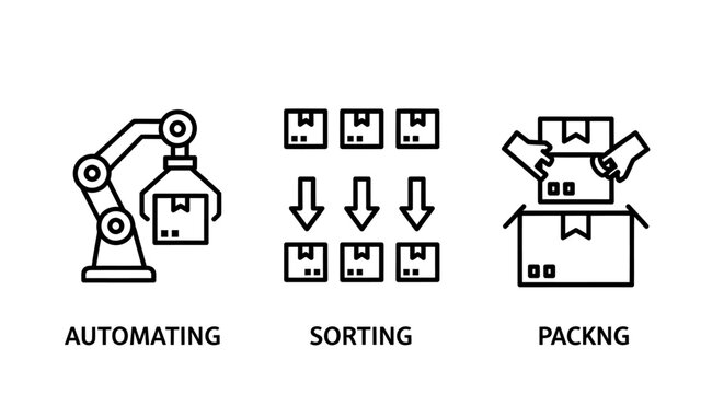 Automated warehouse logistics and product packaging icons with automating robotics automation logistics warehouse manufacturing packaging conveyor industry mechanical distribution delivery