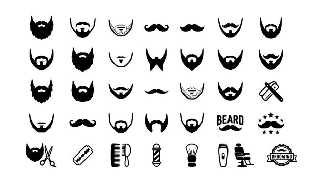 Beard and Mustache Outline Icons Black and White Vector Collection