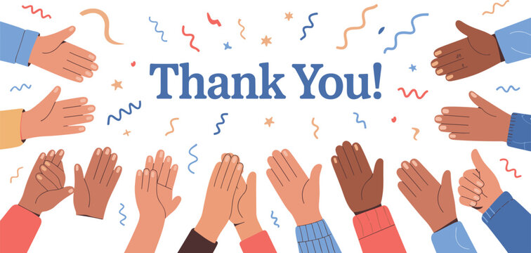 Diverse group of people clapping hands with a thank you text banner celebrating success and appreciation concept illustration