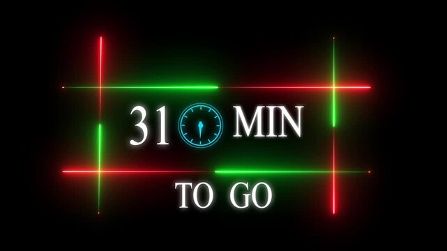 Neon 31 mins to go animation. Neon counting number animation 31 mins to go with Glowing Red and Green Light Frame on Black Background