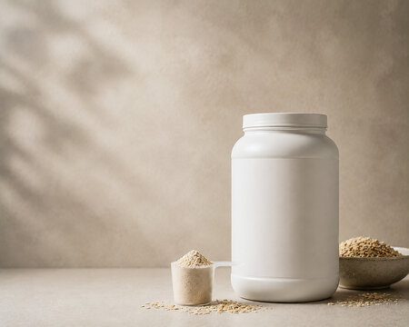 Protein Powder Container Mockup with Scoop and Minimal Background