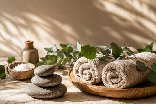 Spa Wellness Scene with Rolled Towels and Smooth Stones
