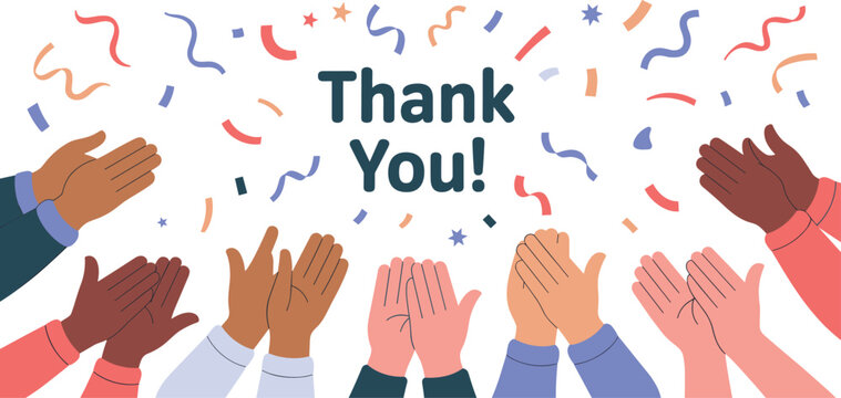 Diverse group of people clapping hands with a thank you text banner celebrating success and appreciation concept illustration