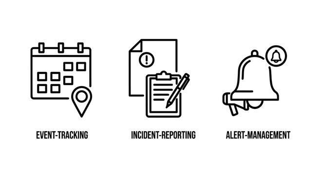 Collection of business operations icons representing event tracking incident reporting and alert management with calendar incident reporting tracking management business notification emergency