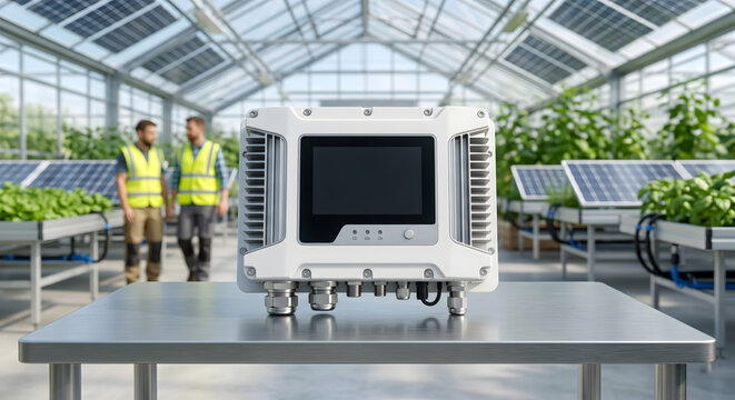 Smart greenhouse control unit with solar panels and crop monitoring in background.