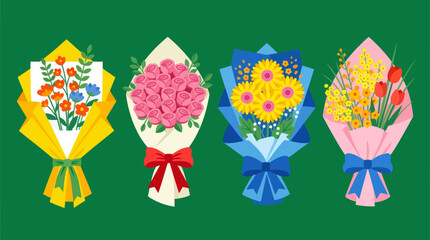 Obraz premium Beautiful Bouquets of Narcissus, Roses, Sunflowers, Tulips. Spring fresh flowers wrapped in gift paper with ribbon. Hand drawn trendy Vector illustration. Isolated design elements