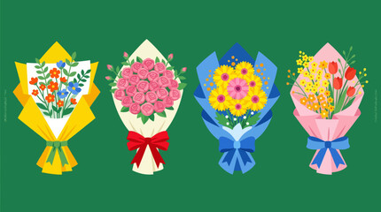Obraz premium Beautiful Bouquets of Narcissus, Roses, Sunflowers, Tulips. Spring fresh flowers wrapped in gift paper with ribbon. Hand drawn trendy Vector illustration. Isolated design elements