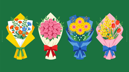 Obraz premium Beautiful Bouquets of Narcissus, Roses, Sunflowers, Tulips. Spring fresh flowers wrapped in gift paper with ribbon. Hand drawn trendy Vector illustration. Isolated design elements
