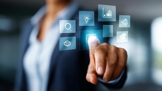 A professional in a suit uses a transparent digital screen, touching floating icons for data, ideas, and growth. The image highlights innovation, digital transformation, and smart business technology