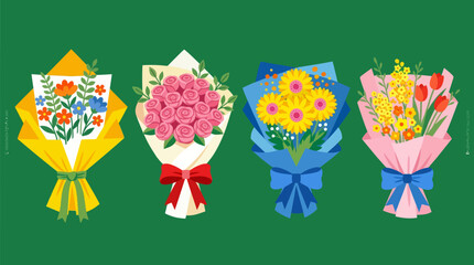 Obraz premium Beautiful Bouquets of Narcissus, Roses, Sunflowers, Tulips. Spring fresh flowers wrapped in gift paper with ribbon. Hand drawn trendy Vector illustration. Isolated design elements