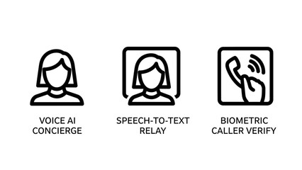 Fototapeta premium Voice AI concierge speech to text and biometric caller verification line icons set with concierge biometric verification technology interface communication automation security customer