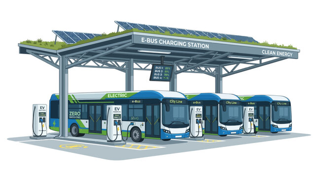 Electric Buses Charging Station with Solar Panels and Green Roof