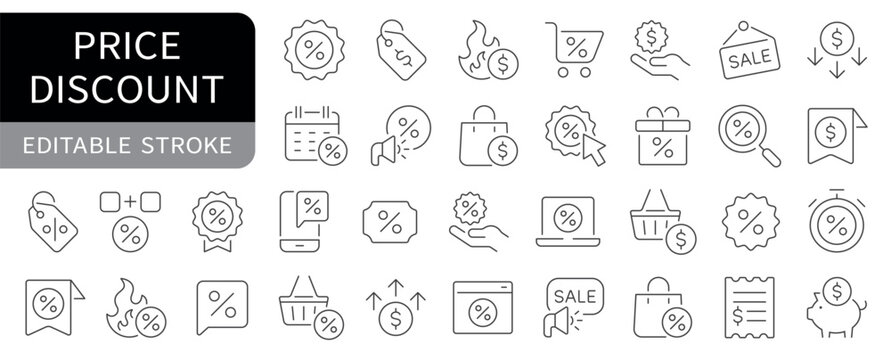Price and discount simple line icons set. vector. editable stroke