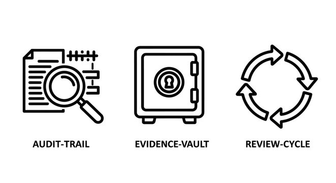 Audit trail and security documentation icons with evidence security documents compliance verification database business management protection information investigation analysis monitoring