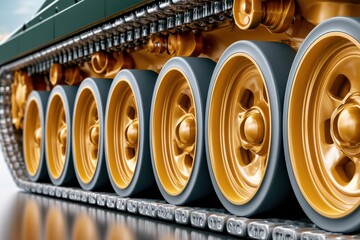 Naklejka premium Close-up view of yellow tank road wheels and tracks on an armored military vehicle